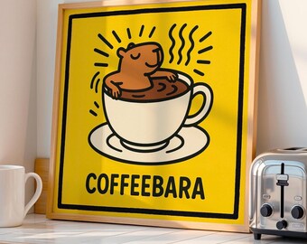 Coffeebara Poster, Funny Capybara Coffee Cup Art (Digital Download)