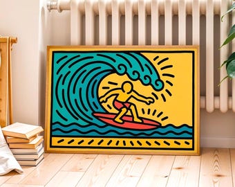 Surfer Wave Art Print, Retro Summer Decor (Digital Download)