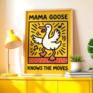 Póster "Mamá Ganso Conoce los Movimientos" (DESCARGA DIGITAL), Divertido Arte de Pared de Ganso Bailando, Animal Musical Imprimible, Decoración Alegre para el Hogar, Regalo para Madres