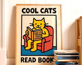 Funny Cat Reading Poster, Whimsical Feline Wall Art (Digital Download)