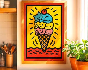 Colorful Cat Ice Cream Cone Print: Whimsical Kitchen Wall Art (Digital Download)