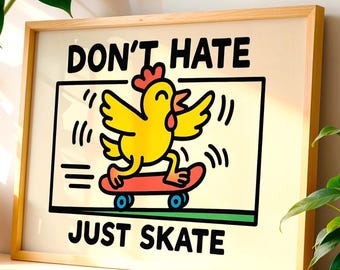 Skateboarding Chicken Art Print, Funny Skater Decor (Digital Download)