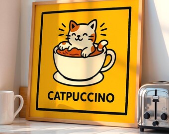 Catpuccino Poster DIGITAL DOWNLOAD, Cute Coffee Cat Wall Art, Funny Cat Printable for Kitchen or Café, Colorful Animal Decor, Kawaii Print