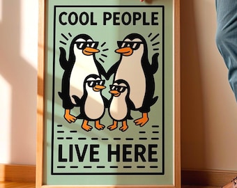 Cool Penguin Family Poster, Funny Animal Art DIGITAL DOWNLOAD, Sunglasses Penguin Wall Decor, Cute Kids Room Printable Sign