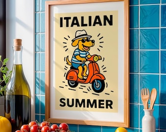 Italian Summer Dog Scooter Art Print, Europe Travel Decor (Digital Download)