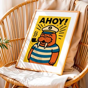 Póster "Ahoy Sailor Walrus" (descarga digital), divertido arte mural de capitán náutico, adorable animal fumando pipa imprimible, decoración oceánica