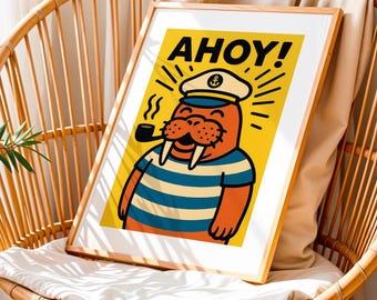 Ahoy Sailor Walrus Poster DIGITAL DOWNLOAD, Funny Nautical Sea Captain Wall Art, Cute Pipe-Smoking Animal Printable, Ocean Decor