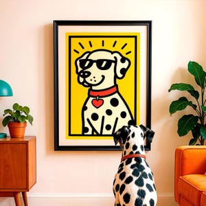 Póster de perro dálmata, perro pop art (descarga digital), arte de pared imprimible con gafas de sol, decoración colorida para el hogar, estampado divertido de perro.