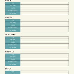 Dagelijkse outfitplanner | Ideeënplanner voor mode- en reisoutfits | Wekelijks outfitplan | Checklist zakenreizen en inpakken