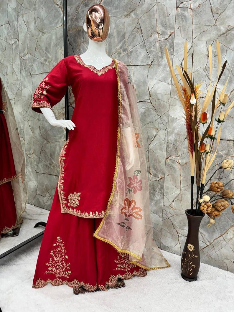 Rose Ethnic Printed Gathered Kurta With Palazzo Co-ord Set