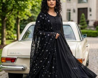Black Georgette Anarkali Suit with Sequins Dupatta – Party Wear Indian Ethnic Outfit