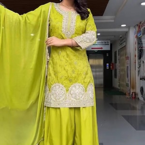 Pakistani Designer Readymade Georgette  Kurta with Embroidery Work, palazzo Set, Beautiful 3 piece Partywear/Wedding Salwar kameez