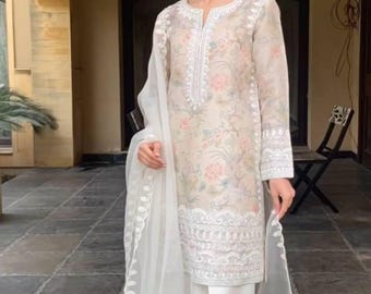 Conjunto de kurta palazzo de georgette bordada: Salwar Kameez para bodas y fiestas pakistaníes