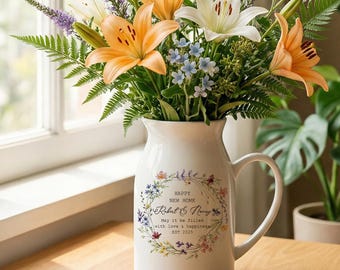 Jarrón de cerámica personalizado para casa nueva, con nombre personalizado y flores, regalo para casa nueva, regalo de inauguración, recuerdo de casa nueva.