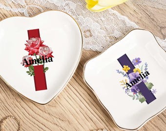 Personalized Birth Flower Ring Dish,Engagement Ring Holder,Wedding Gift For Bride Jewelry Tray,Birthday Jewelry Dish,Wedding Ring Dish,