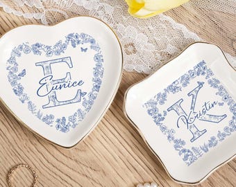 Personalized Blue Toile Initial Ring Dish,Blue Floral Monogram Trinket Dish,Girly Jewelry Dish,Gift for Her,Elegant Gift for Her