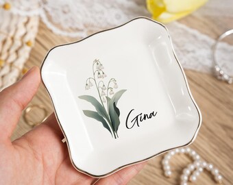 Anniversary Gift For Wife,Engagement Ring Holder,Wedding Gift For Bride Jewelry Tray,Wedding Ring Dish,Personalized Birth Flower Ring Dish