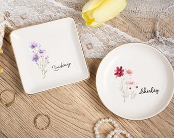 Personalized Birth Flower Ring Dish,Engagement Ring Holder,Wedding Gift For Bride Jewelry Tray,Birthday Jewelry Dish,Wedding Ring Dish,