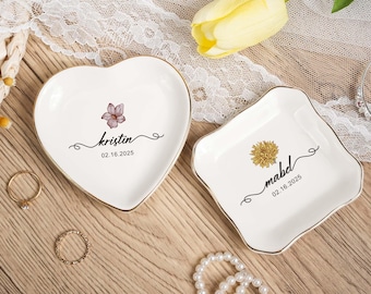 Anniversary Gift For Wife,Engagement Ring Holder,Wedding Gift For Bride Jewelry Tray,Wedding Ring Dish,Personalized Birth Flower Ring Dish