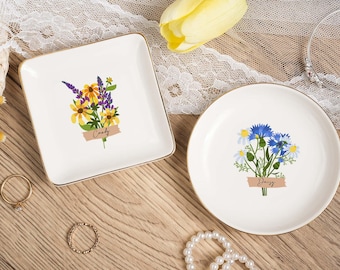 Anniversary Gift For Wife,Engagement Ring Holder,Wedding Gift For Bride Jewelry Tray,Wedding Ring Dish,Personalized Birth Flower Ring Dish