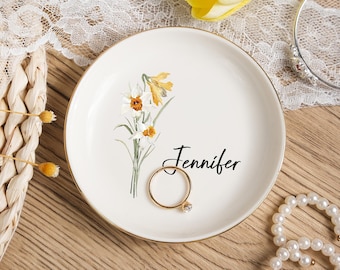 Anniversary Gift For Wife,Engagement Ring Holder,Wedding Gift For Bride Jewelry Tray,Wedding Ring Dish,Personalized Birth Flower Ring Dish