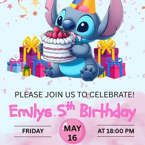 Stitch Birthday Party Invitation Template | Editable Cartoon Bday Evite & Fun Canva Design for Kids Party, Instant Download