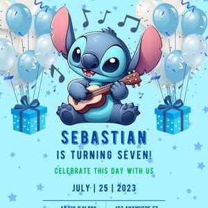 d'invitation de fête d'anniversaire de Stitch | Dessin animé modifiable Bday Evite et design amusant sur toile pour fête d'enfants, téléchargement immédiat
