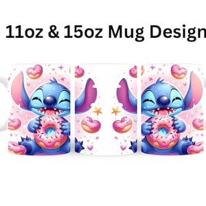 3D Cute Stitch Donuts Mug Wrap, 3D Stitch Mug Wrap Sublimation Design PNG, Mug 11oz and 15oz Donuts Mug Wrap, Instant Digital Files