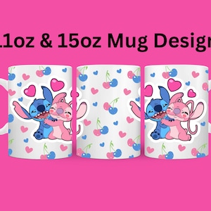 3D Stitch Love Cherrys Hearts Mug Wrap, 3D Stitch Mug Wrap Sublimation Design PNG, Mug 11oz and 15oz Donut Mug Wrap