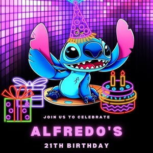Stitch Editable Birthday Invitation, Kids Printable Birthday Invitation, Kids Invite, Neon Glow Party Invite, Stitch Neon Party Invite