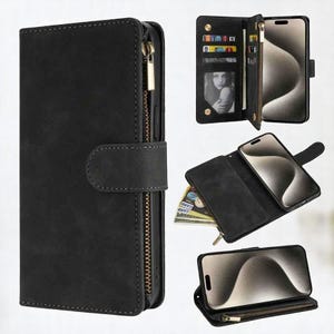 Étui portefeuille magnétique multicartes pour iPhone - béquille à glissière pour iPhone 16 Pro Max 15 Plus 14 13 Mini 12 11 SE XS XR 8 7 6S