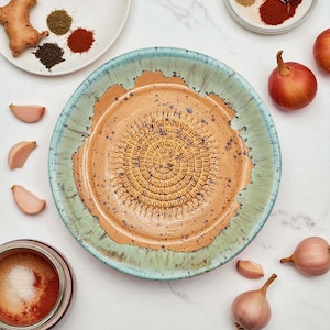 Puede incluir: Un plato rallador de cerámica con un centro texturizado y un borde turquesa. El plato está rodeado de dientes de ajo, chalotas y pequeños platos de especias. También se ven jengibre y otras especias.