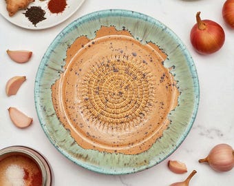 Handmade Ceramic Garlic Grater Bowl, 7" Caramel Glazed Grating Plate for Garlic, Ginger, Cheese & Chocolate