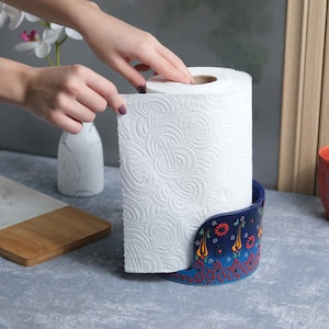 Porta-toalhas de papel de cerâmica, porta-guardanapos feito à mão, porta-rolos de papel, barra de toalhas de cerâmica, porta-toalhas de papel azul-marinho, organizador de cozinha