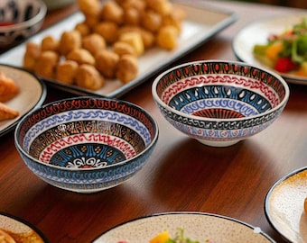 Juego de 2 ensaladeras de cerámica turca hechas a mano - Cuencos de desayuno otomanos rojos, azules y negros