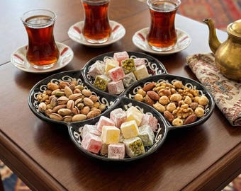 Handmade Turkish Ceramic Snack Platter, 4 Compartment Serving Tray