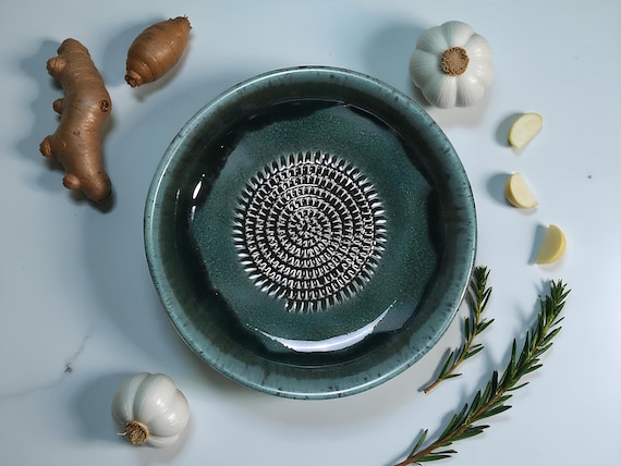 Handmade Ceramic Garlic Grater Bowl, 7" Glazed Grating Plate for Garlic, Cheese & Chocolate