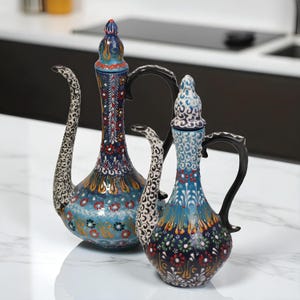 Jarra de cerâmica feita à mão, jarra decorativa otomana turquesa, jarra de cerâmica decorativa para decoração de sala de estar, jarra de cerâmica com padrões florais