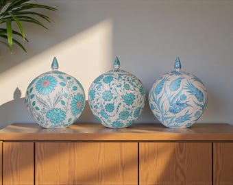 Turquoise Ceramic Globe Jar with Lid, Hand-Painted Floral Ceramic Jars, Ottoman Style Blue Pattern Jar Decor