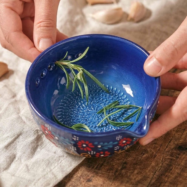 Herb Stripper Bowl & Garlic Grater, Ceramic Garlic Grater, 2 in 1 Herb Stripper Bowl, Grater with Spout, Handmade Kitchen Tool