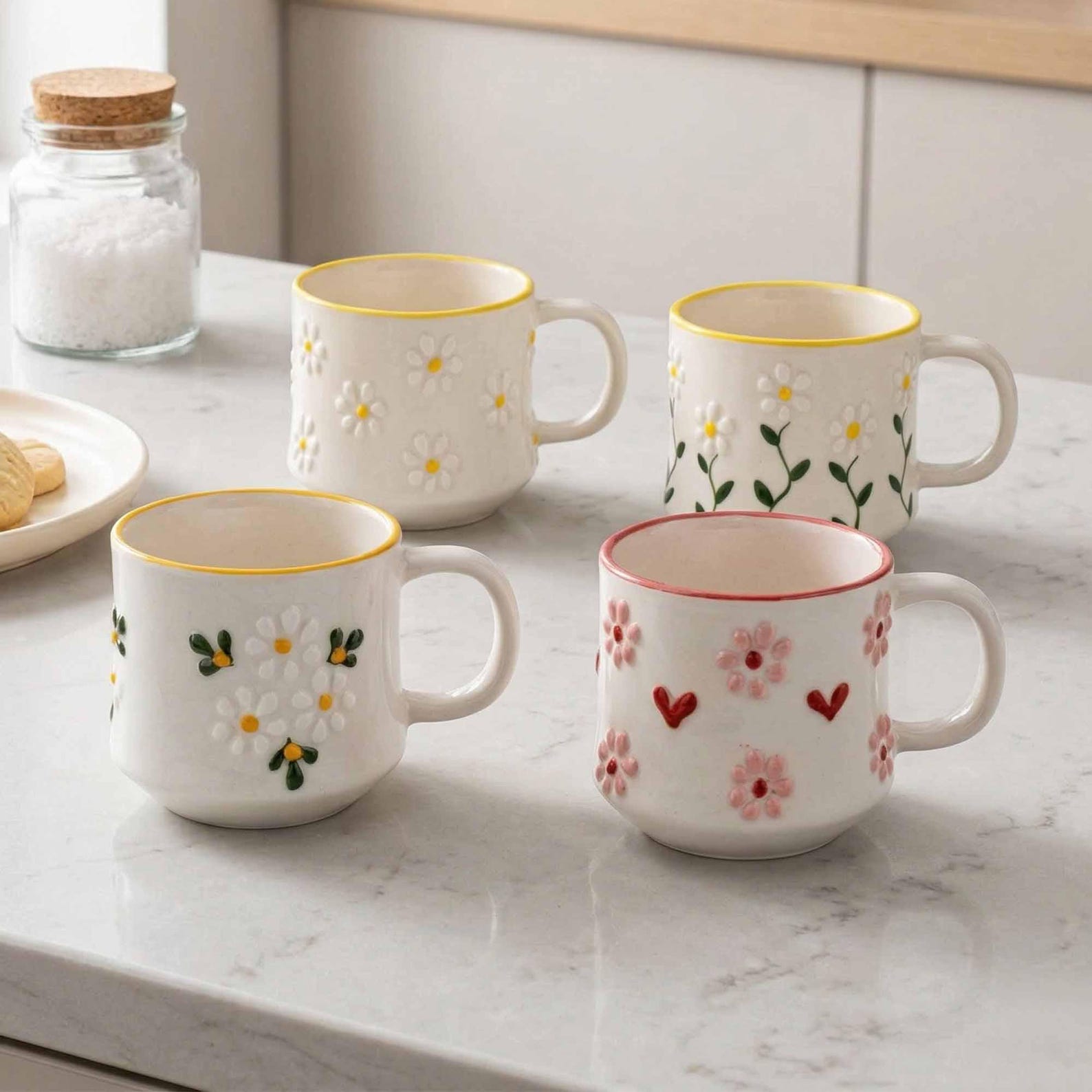Handmade Daisy Ceramic Mug, Floral Coffee Cup, 7 oz Stoneware Tea Cup, Cute Espresso Mug, Hand Painted Flower Cup - Set of 4