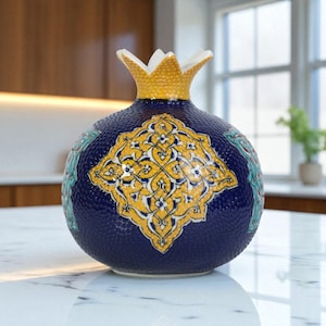 Keramik elegante Granatapfel Vase, goldene Motivvase, handgemachte Tisch Display Stück, Granatapfel Tabletop Vase, dekorative handgemachte Vase