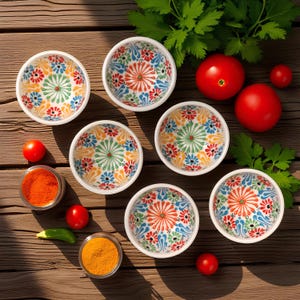 May include: Overhead shot of six small, white ceramic bowls with colorful floral patterns in red, blue, yellow, and green. The bowls are arranged on a wooden surface with tomatoes, spices, and herbs.