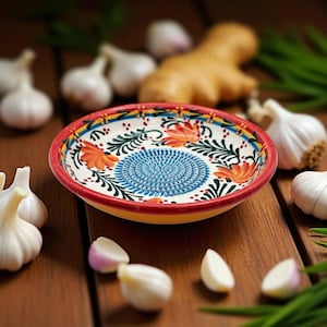 May include: A ceramic garlic grater with a vibrant floral design. The plate features a blue center for grating, surrounded by orange flowers and green leaves on a white background. The rim is red and yellow. Garlic cloves and ginger are in the background.