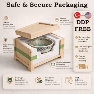 Premium packaging infographic for handmade Turkish ceramic vessel sink featuring custom wooden box, protective foam insert, secure fit design, impact-resistant shipping, and DDP free delivery with no extra tax or duty for USA customers