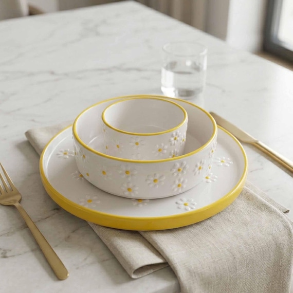 Daisy Ceramic Dinnerware Set, Floral Breakfast Mezze Set, Plate