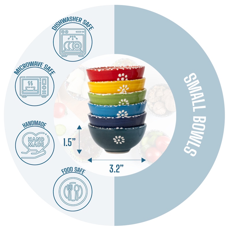 Puede incluir: Una pila de seis cuencos peque&ntilde;os de cer&aacute;mica coloridos. Cada cuenco es de un color diferente: rojo, amarillo, verde, azul, marino y turquesa. Los cuencos tienen 8,1 cm de di&aacute;metro y 3,8 cm de alto. Cada cuenco tiene un dise&ntilde;o floral blanco.