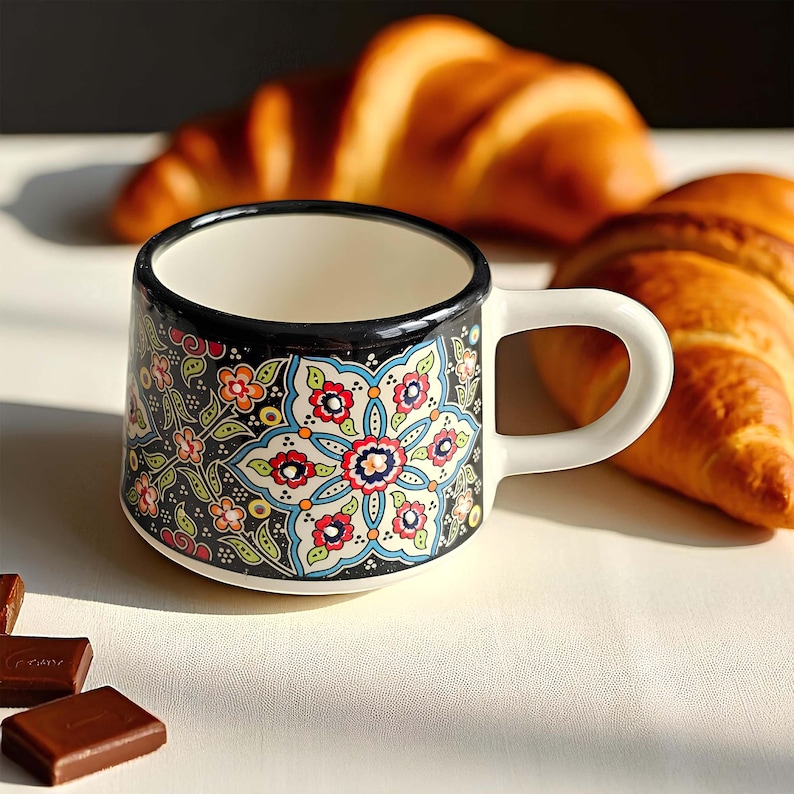 Ceramic Coffee Cups with Handle, 7 Oz Coffee Cups, Espresso Cups, Hand-Painted Handle Coffee Mug, Ceramic Cups Gift for Coffee Lover