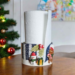 Barra de papel toalha de cerâmica, porta-guardanapos de cerâmica feito à mão, porta-rolos de papel, porta-toalhas de cozinha, porta-toalhas com estampa de biscoito de gengibre e boneco de neve