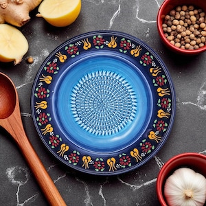 Ceramic Grater Bowl, 7&quot; Ginger Grater Plate, Indigo Blossom Grater Bowl, Handmade Garlic Grinder, Platter for Chocolate & Cheese